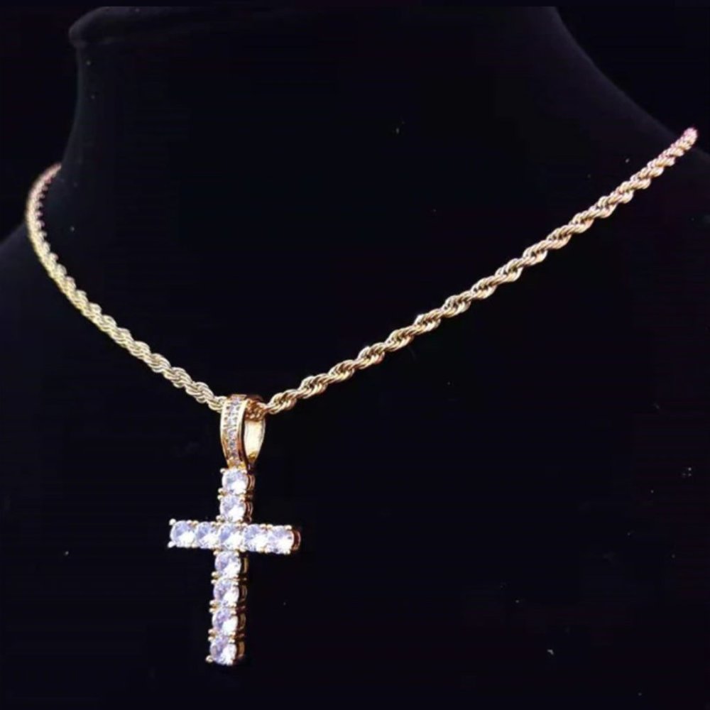 Diamond Cross Pendant w/ Tennis Rope Chain Necklace